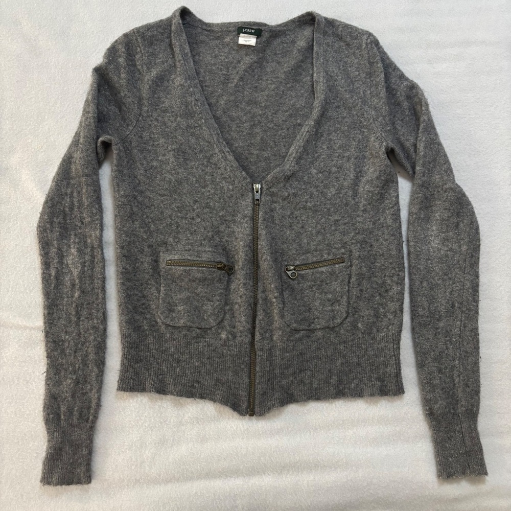 J.Crew Womens Gray Wool Blend Full Zip V-Neck Cardigan Sweater Pockets Size S